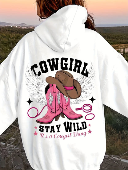 Western Chic Cowgirl Hoodie Soft Stretch Long Sleeve Pullover Sweatshirt with Hood Embroidered Cowboy Hat and Boots