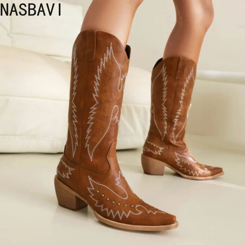 NASBAVI Red Western Cowboy Boots for Women Embroidered Pointed Toe Shoes Knee High Wide Calf Cowgirl Boots