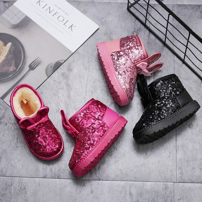 Girls Snow Boots Kids Ankle Boots Autumn Winter Fashion Princess Cute Rabbit Ear with Glitter Sequins Warm Thick Plush Cotton