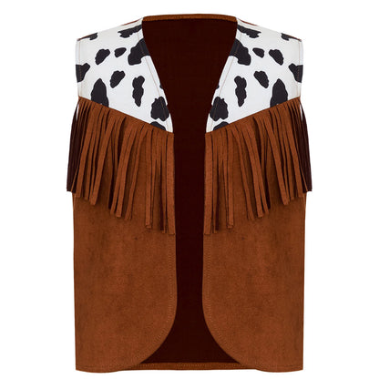 Kids Child Halloween Western Cowboy Cowgirl Cosplay Costume Cow Print Tassels Vest and Flared Pants Set Carnival Party Dress Up