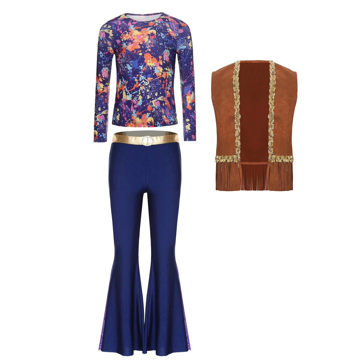 Girls Halloween Disco Hippie Western Cowgirl Carnival Cosplay Costume Printed Shirt Tops with Tassels Vest And Flared Pants Set