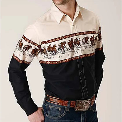 Chemise à manches longues à imprimé floral de cow-boy occidental pour le printemps et l'été, chemise à col pour homme en tissu doux et confortable
