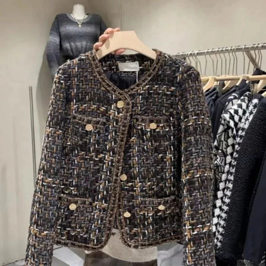 New Autumn Winter Vintage Tweed Jacket Coat Women Small Fragrance Patchwork Korean Woollen Cropped Coats Elegant Short Outerwear