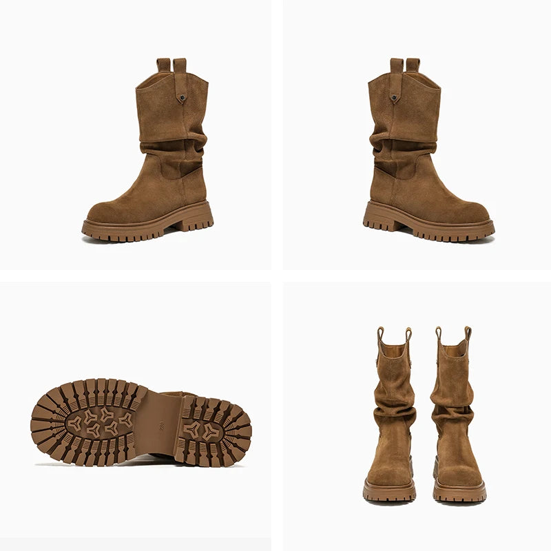 BEAUTODAY Ruched Western Boots Women Cow Suede Leather Rivet Decoration Round Toe Solid Color Autumn Winter Shoes Handmade 06304