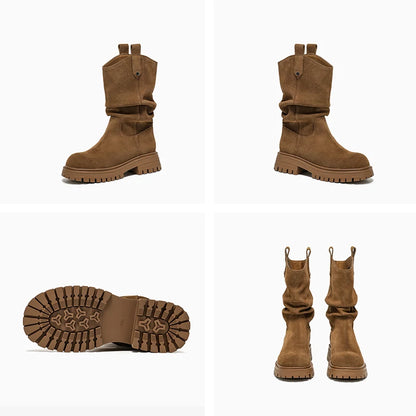 BEAUTODAY Ruched Western Boots Women Cow Suede Leather Rivet Decoration Round Toe Solid Color Autumn Winter Shoes Handmade 06304