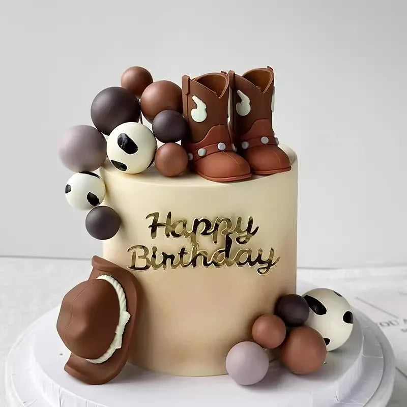 Cowboy Cake Topper Cowboy Hat and Boot Balls Cake Decorations Western Cowboy Birthday Baby Shower Party Decorations (Brown)