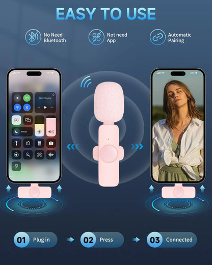 Pink Wireless Lavalier Lapel Microphone for iPhone iPad Vlogging Video Recording Mic for Live Interview Podcast Mic for Girl