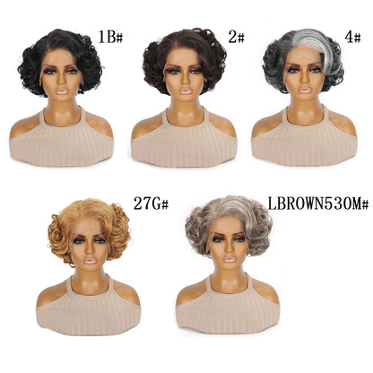 10 Inch Short Curly Wavy Blonde Black Grey Synthetic Wig for Women Natural Look T-Part Lace Front Hair Replacement