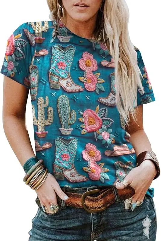 Bohemian Western Cowgirl Shirt: Vintage Western Rodeo Pattern T-Shirt Cowgirl 3D Digital Print Short Sleeve Top