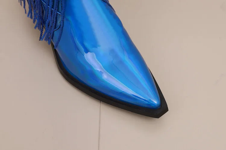 Bottes western à sequins et pompons, noires et argentées, courtes, en peluche, automne/hiver, talon de 6,5 cm, style bohème, hauteur genou, pointures 36 a 46.