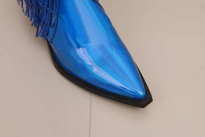 Bottes western à sequins et pompons, noires et argentées, courtes, en peluche, automne/hiver, talon de 6,5 cm, style bohème, hauteur genou, pointures 36 a 46.