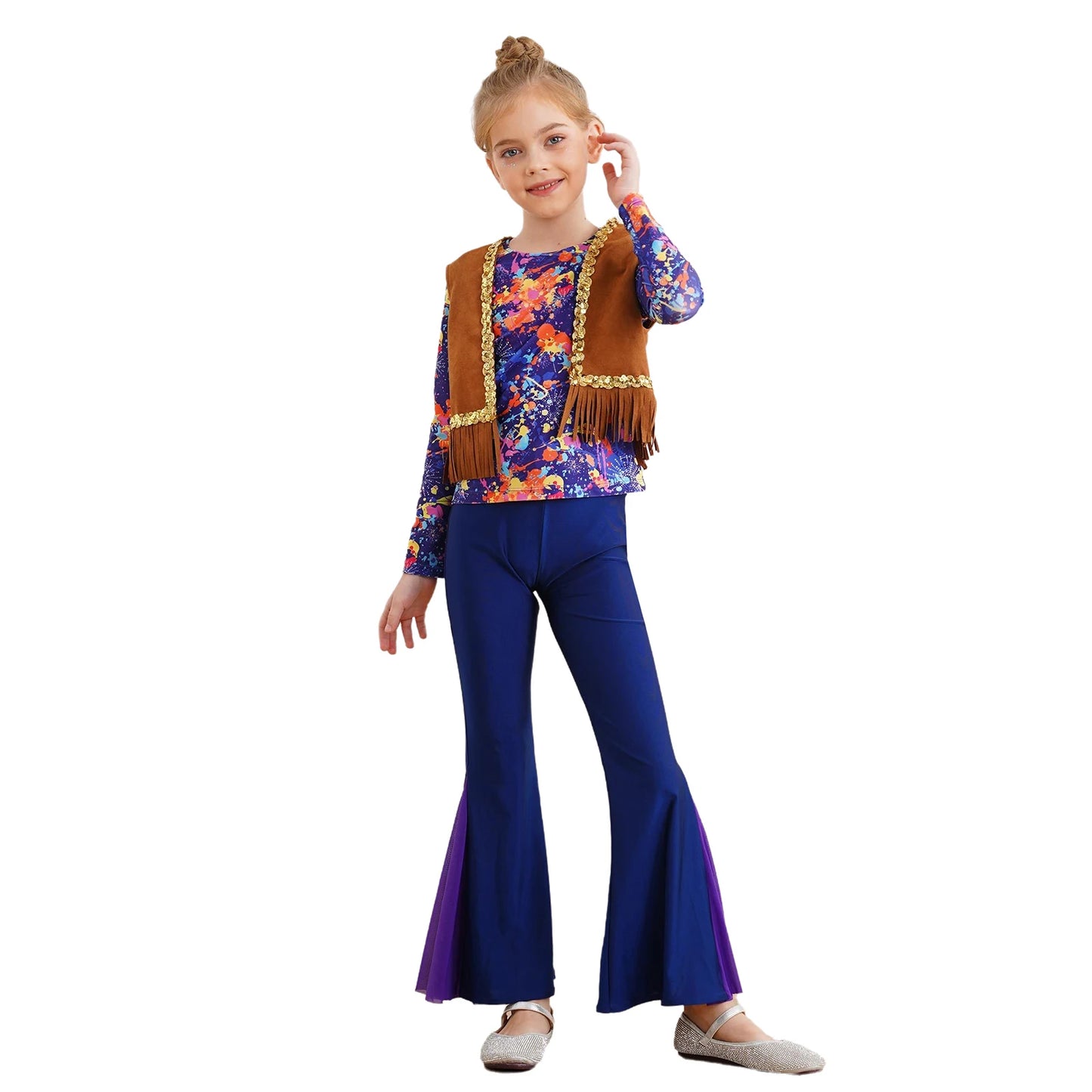 Girls Halloween Disco Hippie Western Cowgirl Carnival Cosplay Costume Printed Shirt Tops with Tassels Vest And Flared Pants Set
