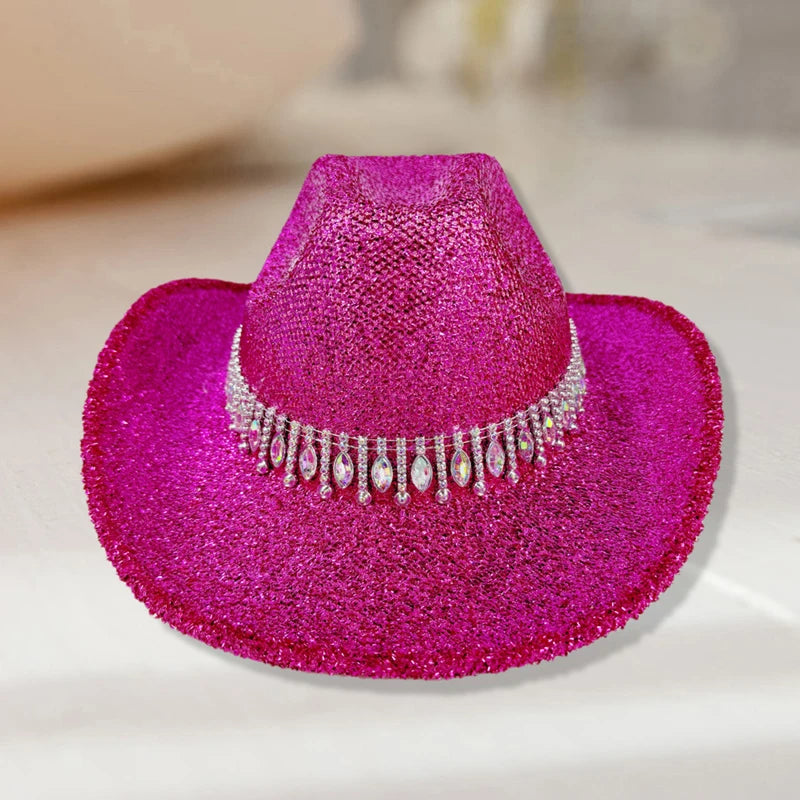 Women's Cowgirl Hat Stylish Rhinestone Design Sun Hat Wide Brim Western Cap for Party& Daily Life