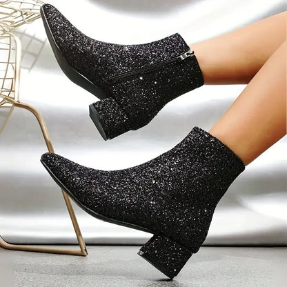 Women Ankle Boots Luxury Outdoor Designer Shoes Sequins Round Toe Party Shoes for Women Glitter Zipper Chunky Heel Boots Women