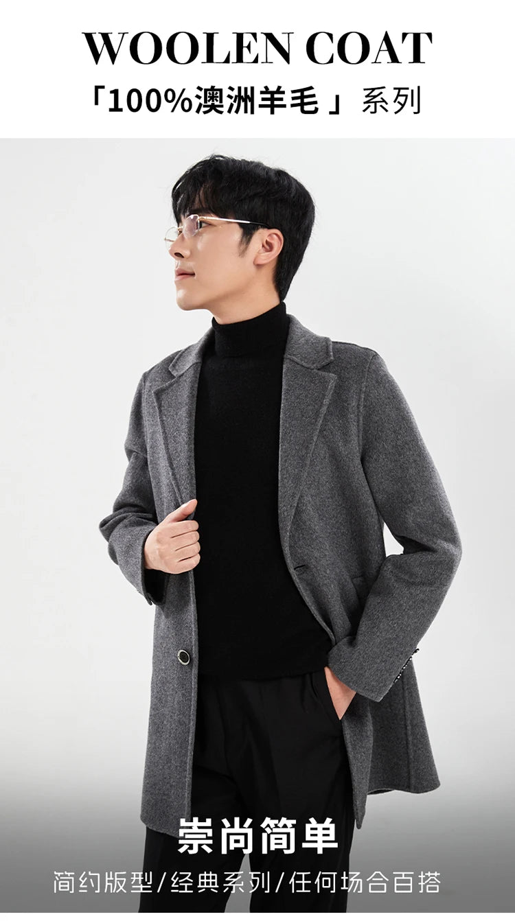 Autumn and Winter Mid-Length Western-Style Business Reversible Woolen Coat Men's 100% Wool Handmade Coat Cashmere Overcoat Coat