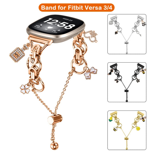 Metal Bracelet Charm Strap Compatible with  Fitbit Versa 3/Versa 4 Fashion Watches Decorations for Fitbit Sense/sense 2