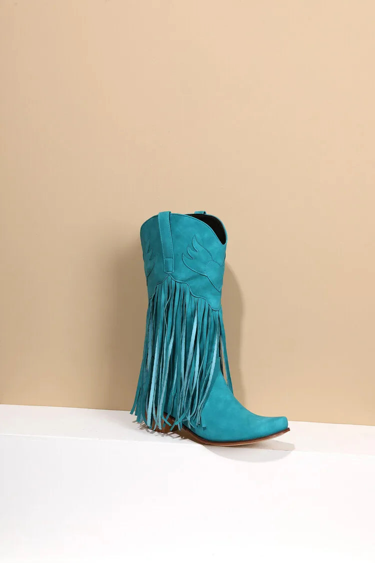 Nouvelles bottes de cowboy rétro ethniques pour femmes avec pompon à talon moyen, chaussures d'hiver pour femmes