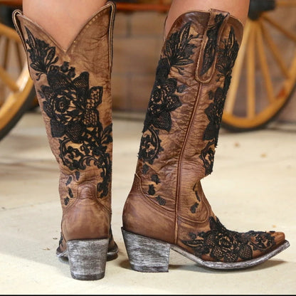 Western Style Women's Pointed Large Embroidered Rose High Heels Vintage Old Women's Boots High Barrel Western Boots