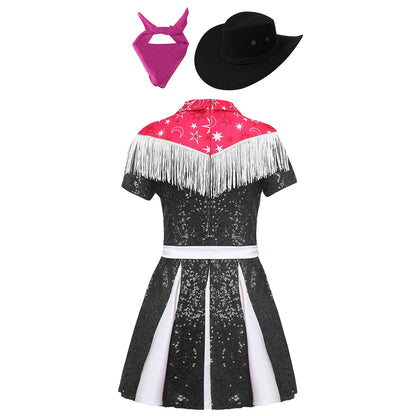 Costume de cow-girl western 3 pièces pour fille, robe plissée à paillettes avec chapeau de cowboy et bandana, pour Noël, Halloween, fête