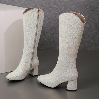 Grainy Sequin Women's Tall Boots Bling Sung Fit Knee High Boots 6.5cm Heels Comfy 2024 Winter Shoes