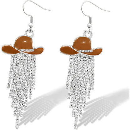 Western Cowgirl Dangle Earrings Enamel Hat Sparkly Rhinestone Tassel Pendant Prom Country Concerts Rodeo Cowboy Women Jewelry
