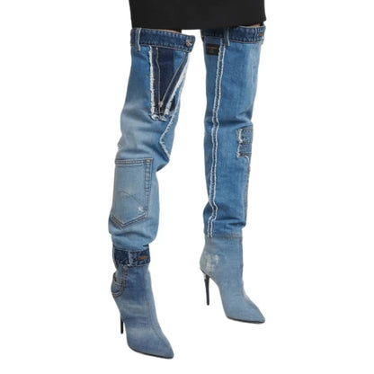 Bottes de cow-girl au dessus du genou en denim délavé pour femmes, chaussures chic à talon aiguille épicé Y2K et bout pointu avec poches épissées, 2024