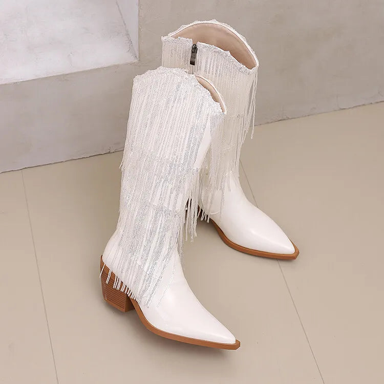 Bottes western à sequins et pompons, noires et argentées, courtes, en peluche, automne/hiver, talon de 6,5 cm, style bohème, hauteur genou, pointures 36 a 46.