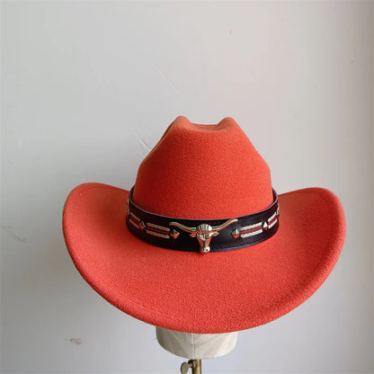 Chapeau de cowboy de style ethnique, tendance, chic, unisexe, couleur unie, avec décoration en forme de taureau, style western