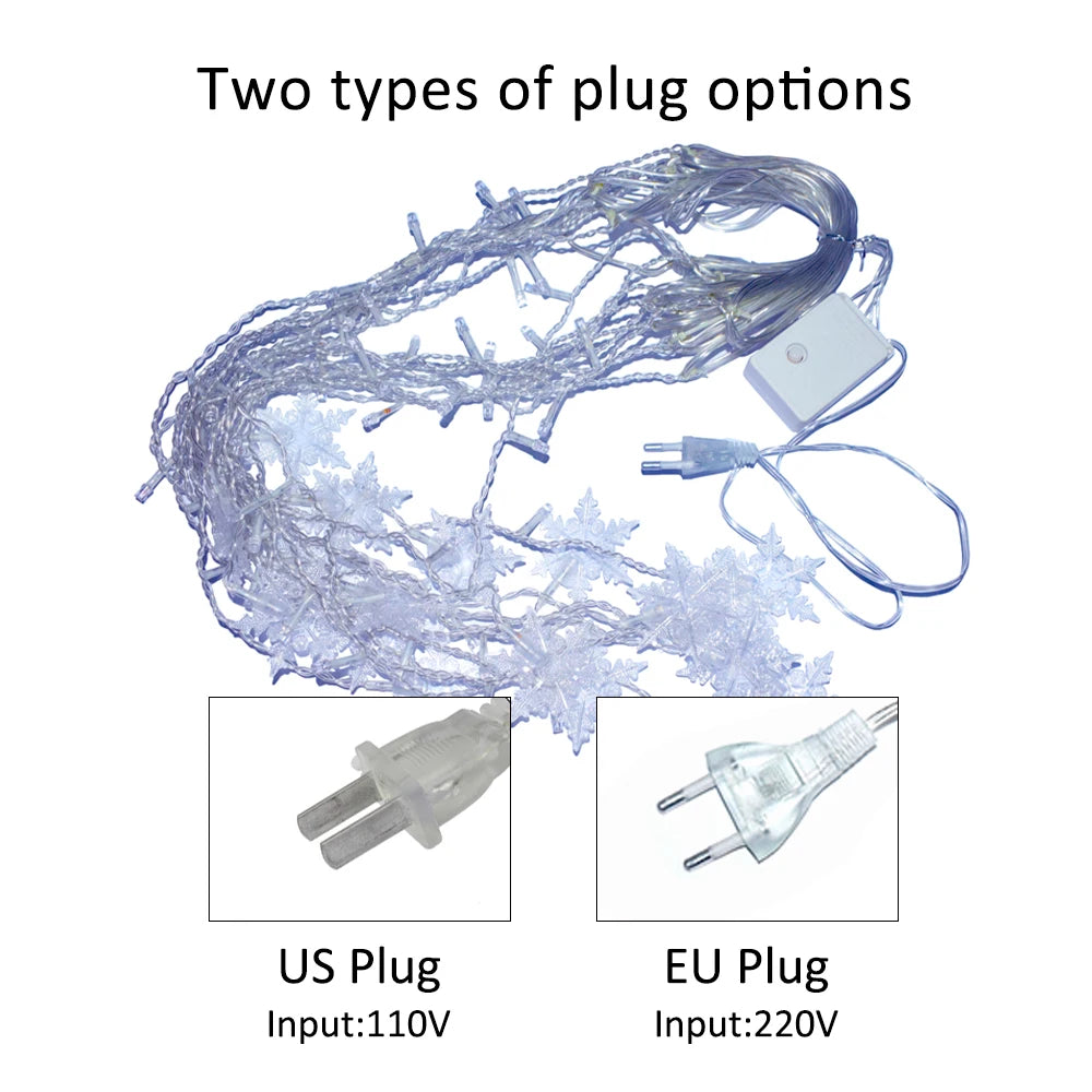Guirlande lumineuse flocon de neige, 8 Modes, EU 220V US 110V, lumières de noël, décoration de salle, rideaux lumineux Led