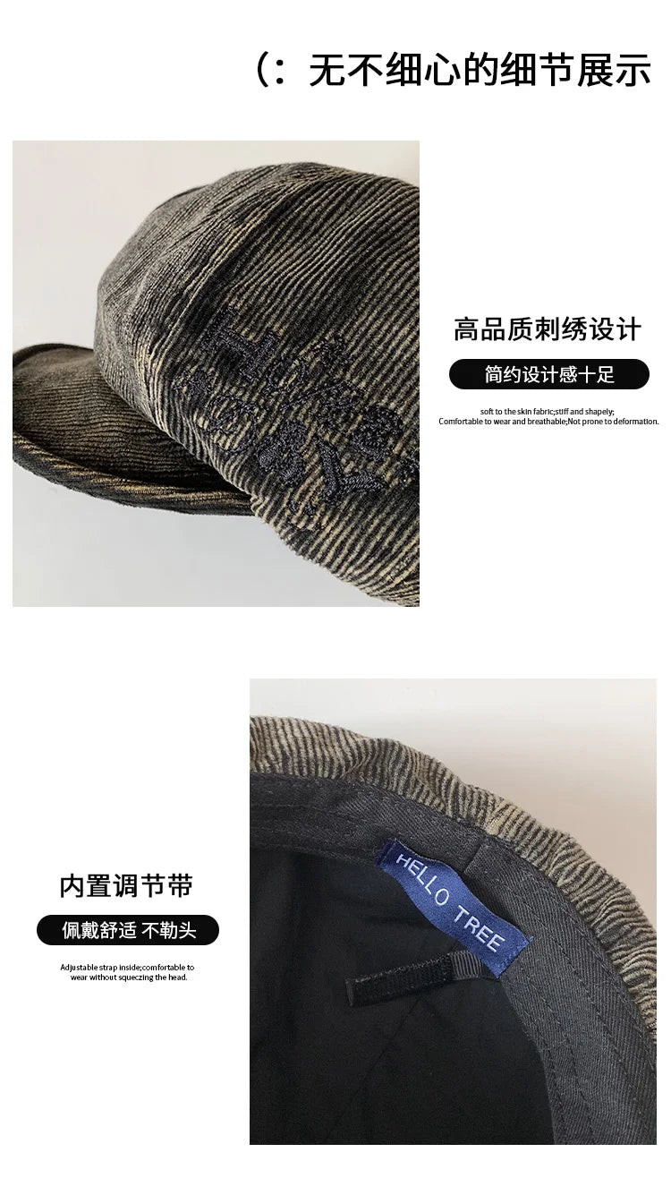 Bérets en velours côtelé rétro brodés avec lettres mignonnes pour femmes, petit chapeau de peintre littéraire polyvalent et décontracté pour printemps et automne