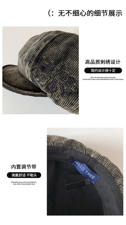 Bérets en velours côtelé rétro brodés avec lettres mignonnes pour femmes, petit chapeau de peintre littéraire polyvalent et décontracté pour printemps et automne