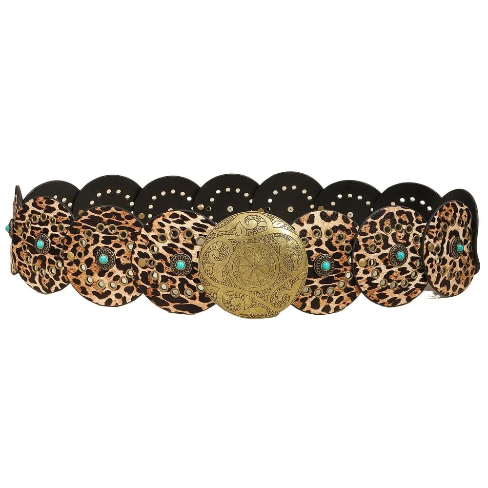 Exaggerated Wide Boho Disc Belt Rivet Turquoise Carved Buckle Waist Belt Adjustable Alloy Western Leather Waistband Cowgirl