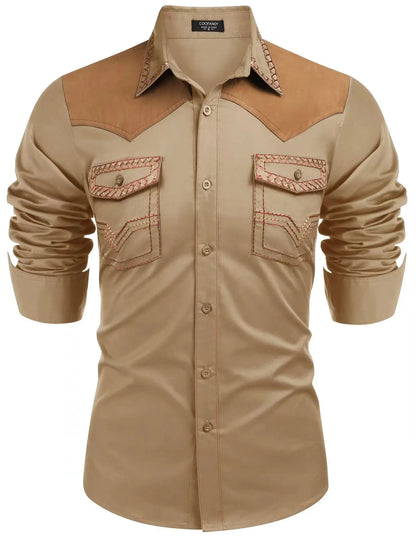 Chemise style cowboy western pour homme, printemps-automne 2025, manches longues, revers, vêtements décontractés et tendance