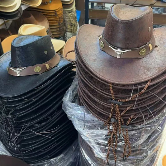 Chapeau de Cowboy occidental Vintage, ceinture de tête de bœuf, chapeaux Fedora à rivets pour hommes et femmes, voyage en plein air, à large bord, en cuir PU, casquettes de Cowgirl unisexes