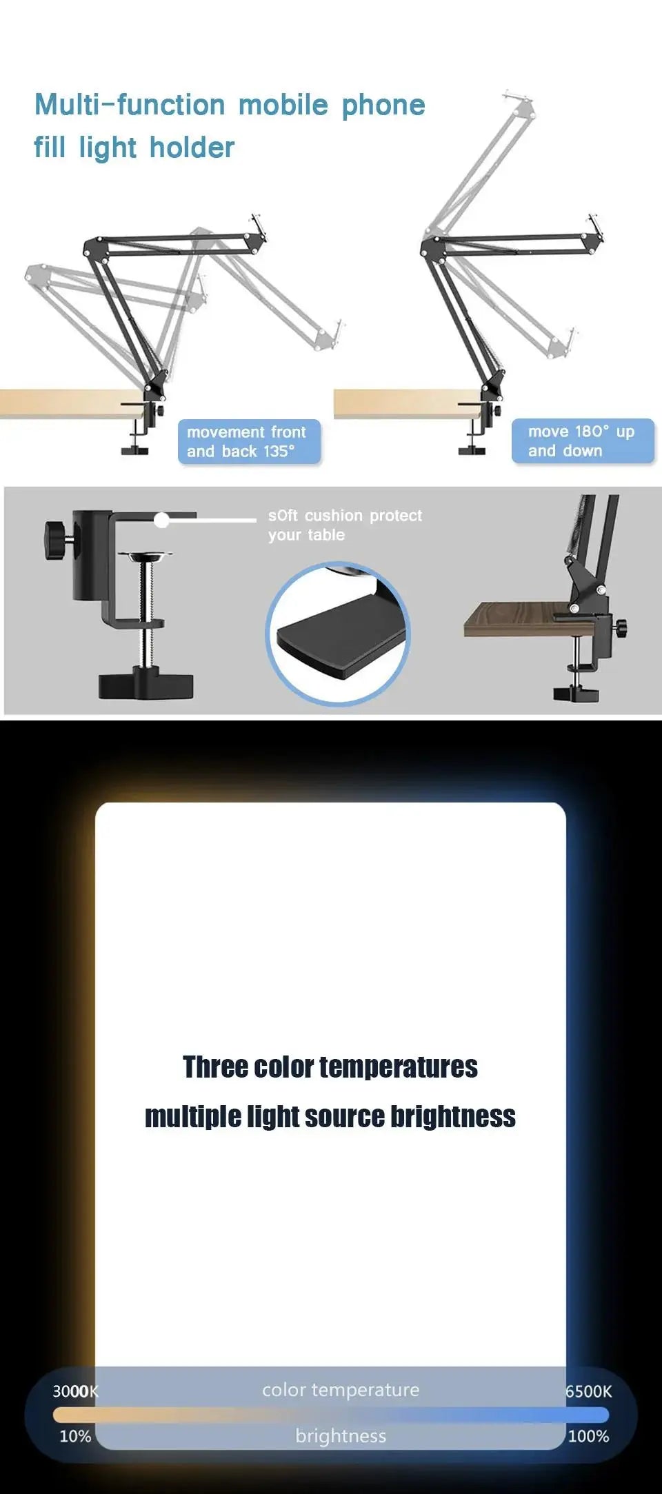 Lumière LED pour photographie, éclairage pour Selfie, éclairage de conférence, lampe de Studio Photo avec bras à ciseaux, pour Zoom, Streaming en direct sur YouTube