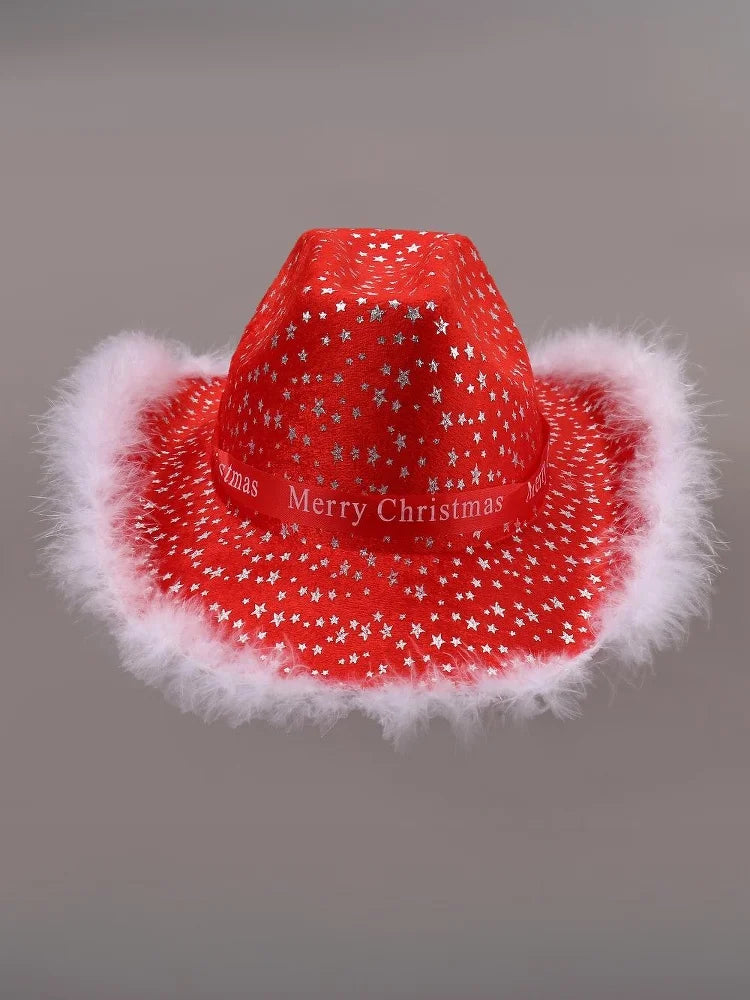 Chapeau de Cowboy de noël rouge, décoration du père noël, accessoires de fête de vacances, chapeau de Cowgirl à large bord, chapeau de Jazz