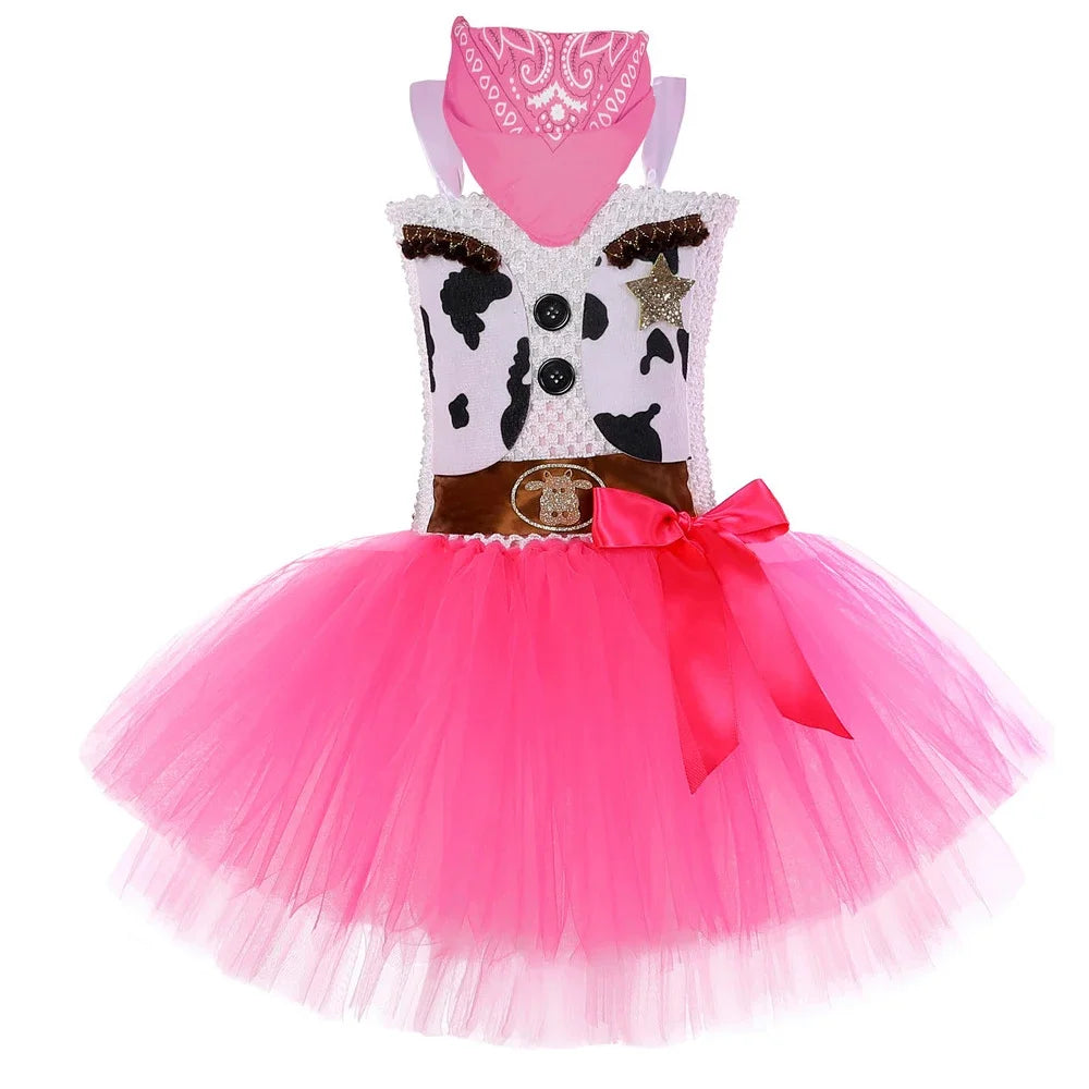 2025 Halloween Costume de Cowgirl rose pour filles, robe de princesse Tutu de fête d'anniversaire, tenue de Cowboy de vache