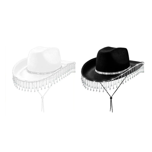 Chapeau de cowboy à large bord avec franges en strass pour femme, accessoire de fête, de cosplay, pour les fêtes, les spectacles en plein air