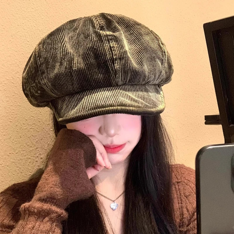 Bérets en velours côtelé rétro brodés avec lettres mignonnes pour femmes, petit chapeau de peintre littéraire polyvalent et décontracté pour printemps et automne