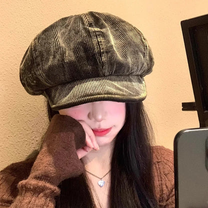 Bérets en velours côtelé rétro brodés avec lettres mignonnes pour femmes, petit chapeau de peintre littéraire polyvalent et décontracté pour printemps et automne