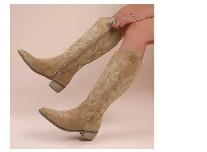 Winter New Coarse Heel Look Thin Tall Long Boots Not Over Knee Embroidered Retro Western Cowboy Boots 2025 New