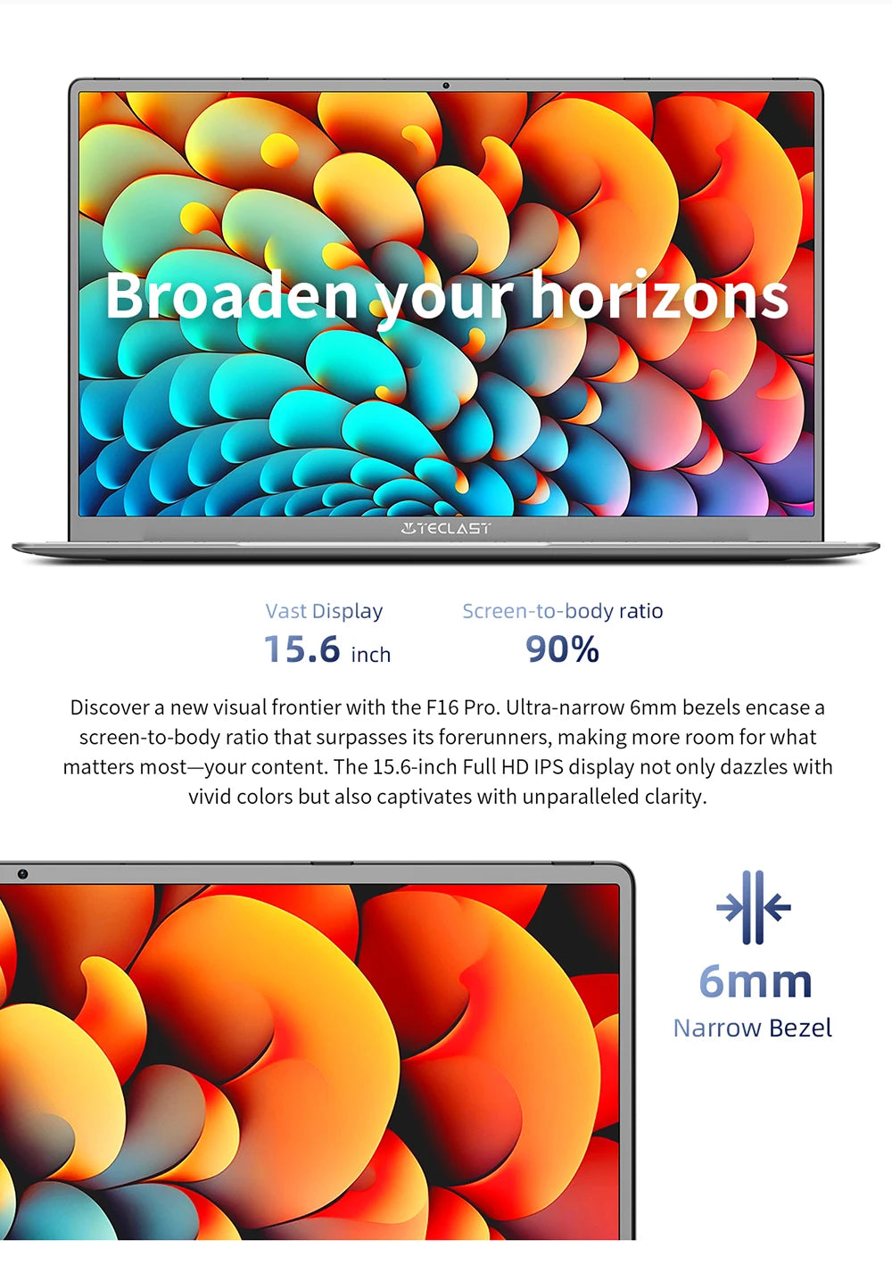 Ordinateur portable Teclast F16 Pro, Windows 11 Pro, processeur Intel N95, F16Pro, 16 Go de RAM, 512 Go de SSD, écran IPS 15,6 pouces 1920 x 1080, Wi-Fi 6, USB 3.2, clavier rétroéclairé, mini-HDMI
