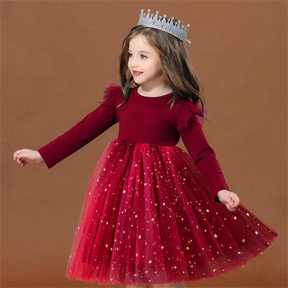 Green Christmas Dress for Kids Girls Autumn Long Sleeves Princess Dresses Children Winter Birthday Party New Year Costume 3-8Yrs