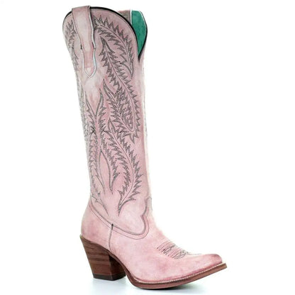 Best - Selling Vintage Pink Embroidered Western Cowboy Boots, Women's Pointed Toe Chunky Heel Slimming Knee - High Rider Boots