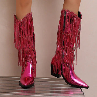Bottes western à sequins et pompons, noires et argentées, courtes, en peluche, automne/hiver, talon de 6,5 cm, style bohème, hauteur genou, pointures 36 a 46.