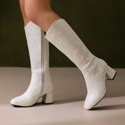 Grainy Sequin Women's Tall Boots Bling Sung Fit Knee High Boots 6.5cm Heels Comfy 2024 Winter Shoes