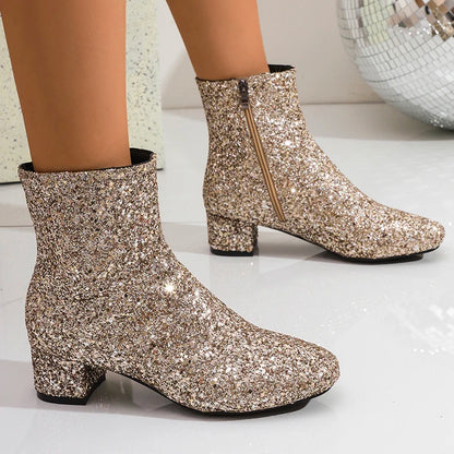 Fashion Gold Sequin Ankle Boots Women 2025 Large Size Zipper Chunky Heel Boots Woman Streertear Shiny Short Booties Mujer 36-43