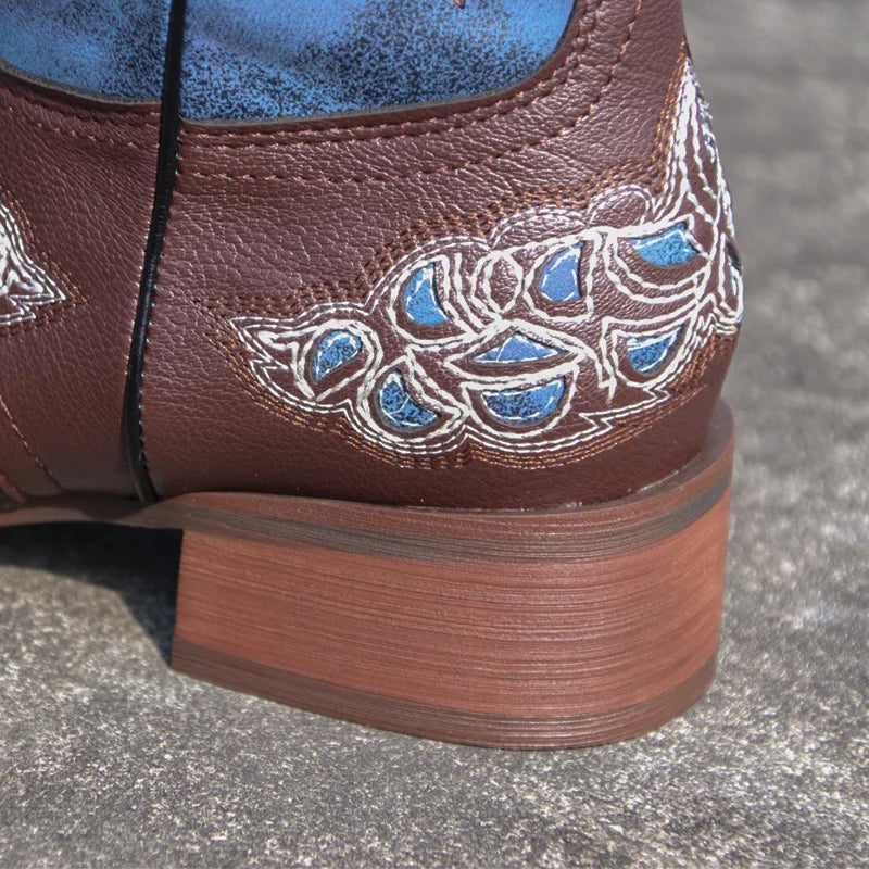 Leather Embroider Western Cowboy Retro Cowgirl Boots Low Heels Knee High Boots Female Footwea