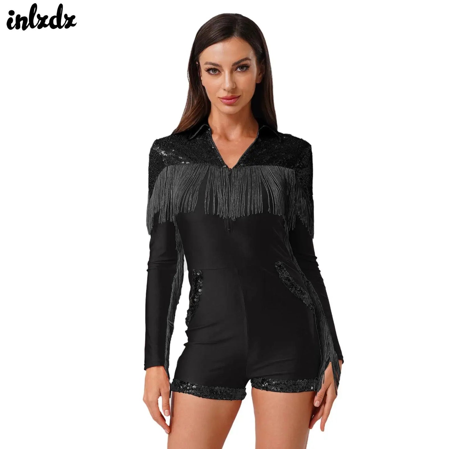 Womens Halloween Western Cowgirl Playsuit Sparkly Cosplay Costume 70s 80s Disco Bodysuit Tassel Fringe Sequins Boyshorts Rompers