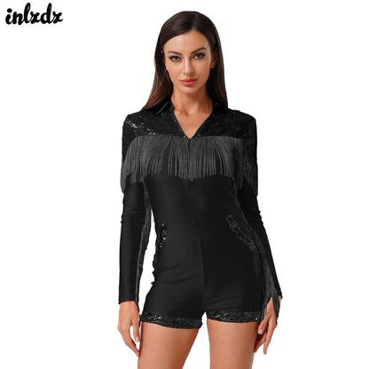 Womens Halloween Western Cowgirl Playsuit Sparkly Cosplay Costume 70s 80s Disco Bodysuit Tassel Fringe Sequins Boyshorts Rompers
